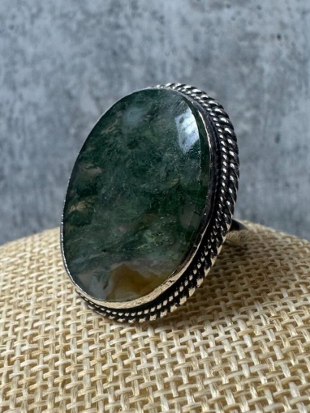 Vintage moss agate large oval cocktail ring set in sterling silver